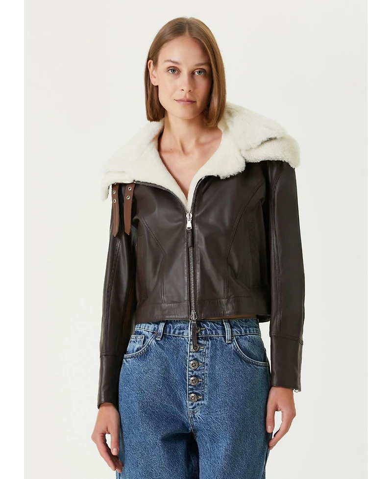 Pcfg Women's Double Collar Leather Jacket