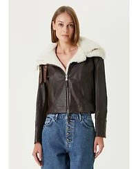 Pcfg Women's Double Collar Leather Jacket