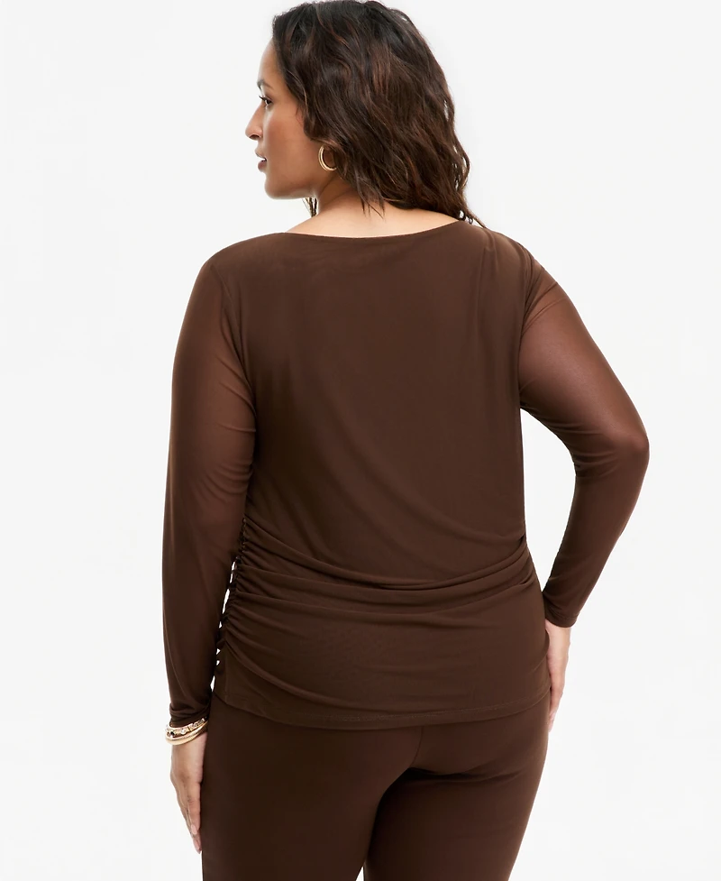 I.n.c. International Concepts Plus Long Sleeve Sheer Mesh Ruched Top, Macy's Exclusive