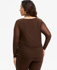 I.n.c. International Concepts Plus Long Sleeve Sheer Mesh Ruched Top, Macy's Exclusive