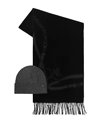 Lauren Ralph Equestrian Woven Scarf and Knit Beanie Set