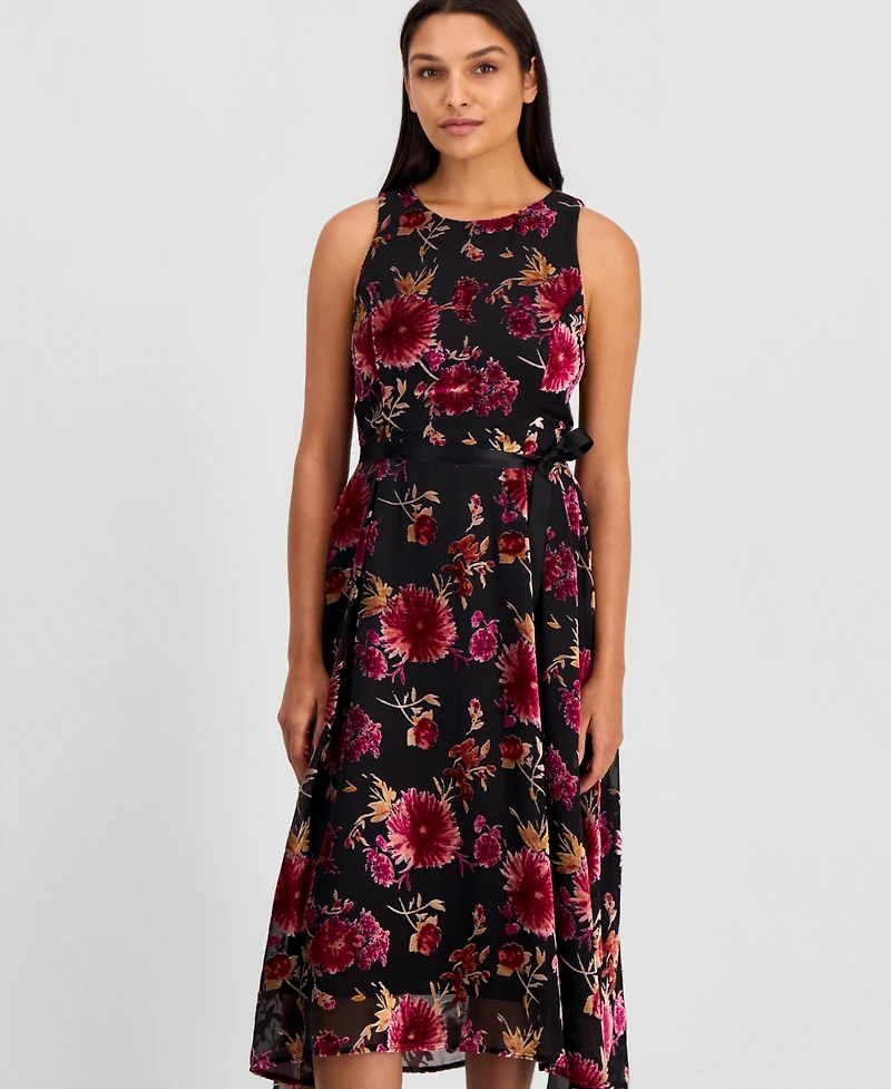 Tahari Asl Women's Burnout Sleeveless Tie-Waist High-Low-Hem Dress