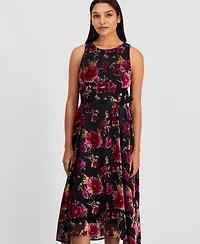 Tahari Asl Women's Burnout Sleeveless Tie-Waist High-Low-Hem Dress