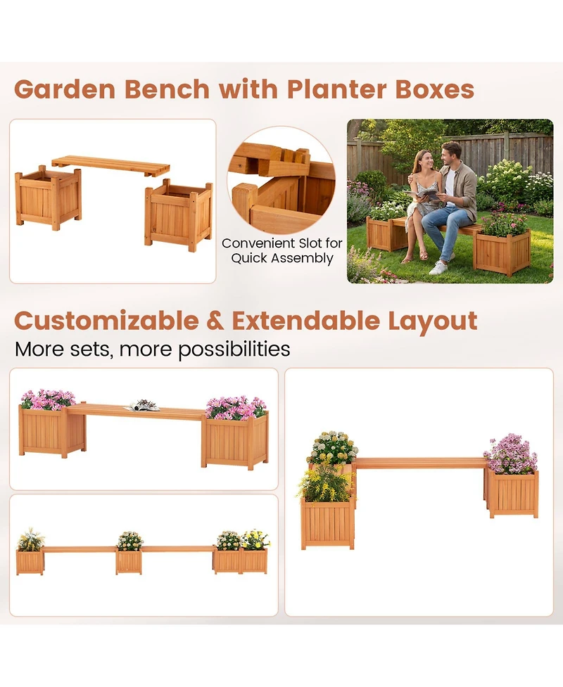 Gymax Wood Outdoor Planter Boxes with Detachable Bench 2 Elevated Mini Planters Patio