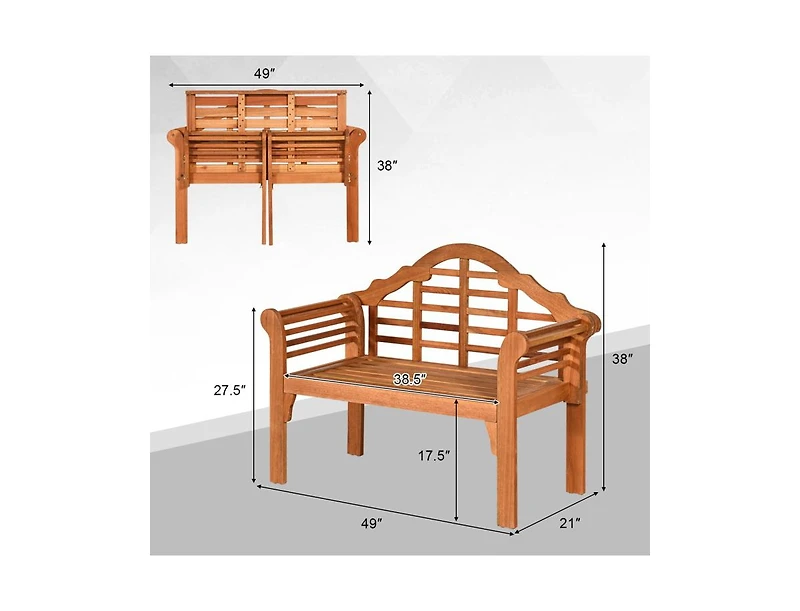 Mondawe 49 Inch Eucalyptus Wood Outdoor Folding Bench with Backrest Armrest for Patio Garden