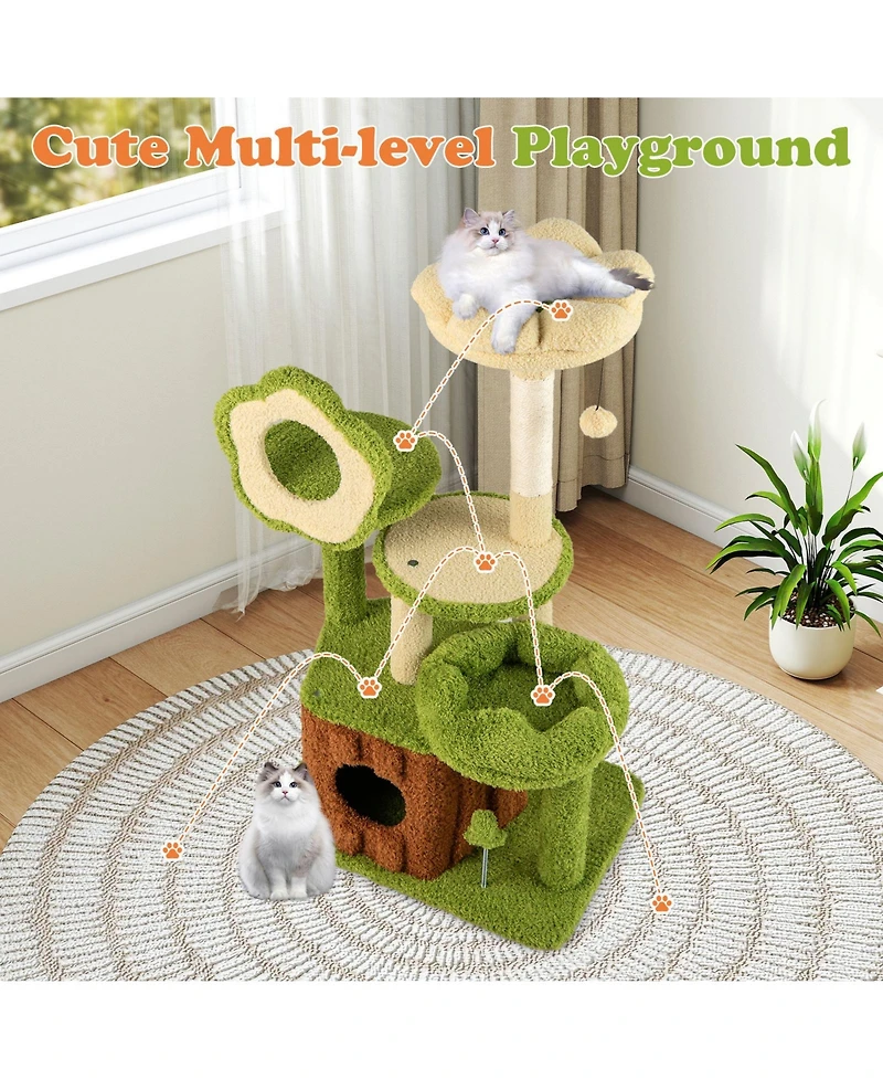 Gymax Cat Tree Tower with Perch Condo Platforms Hanging Toy Spring Ball for Indoors