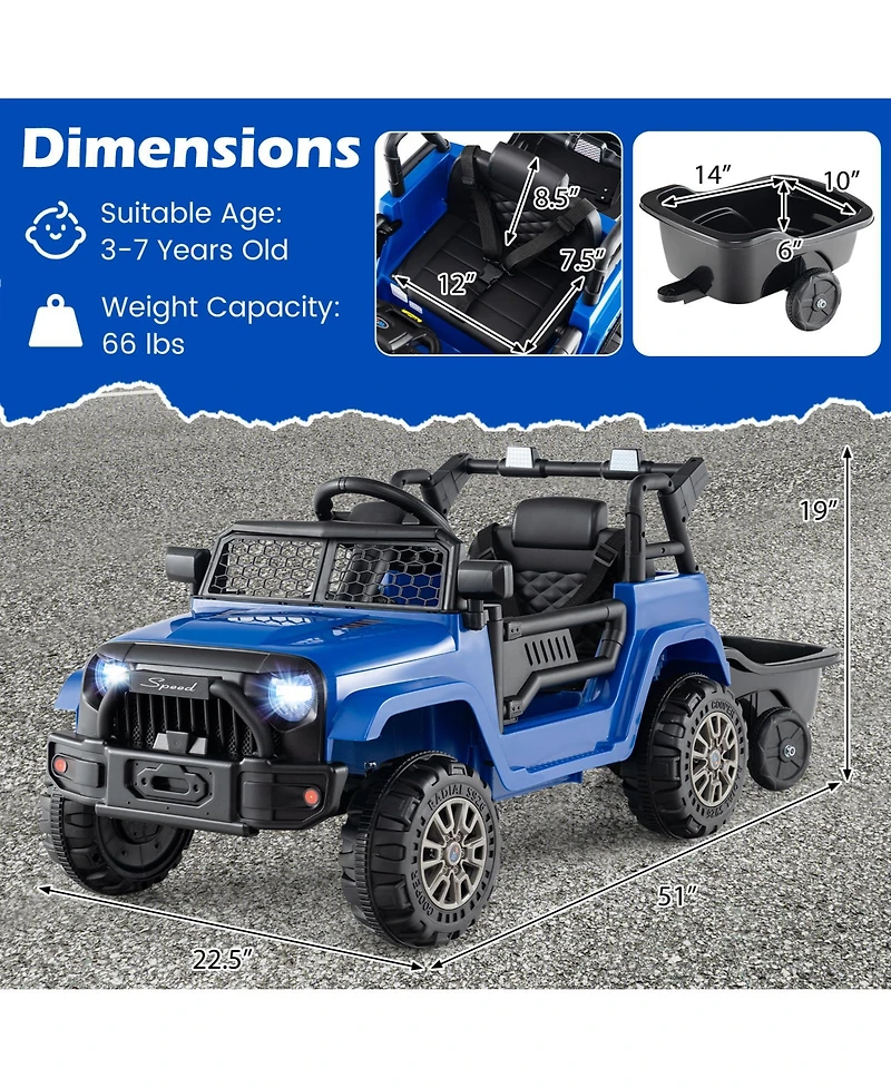 Gymax Kids Ride On Utv Car with Detachable TrailerParent Remote Control Light and Music
