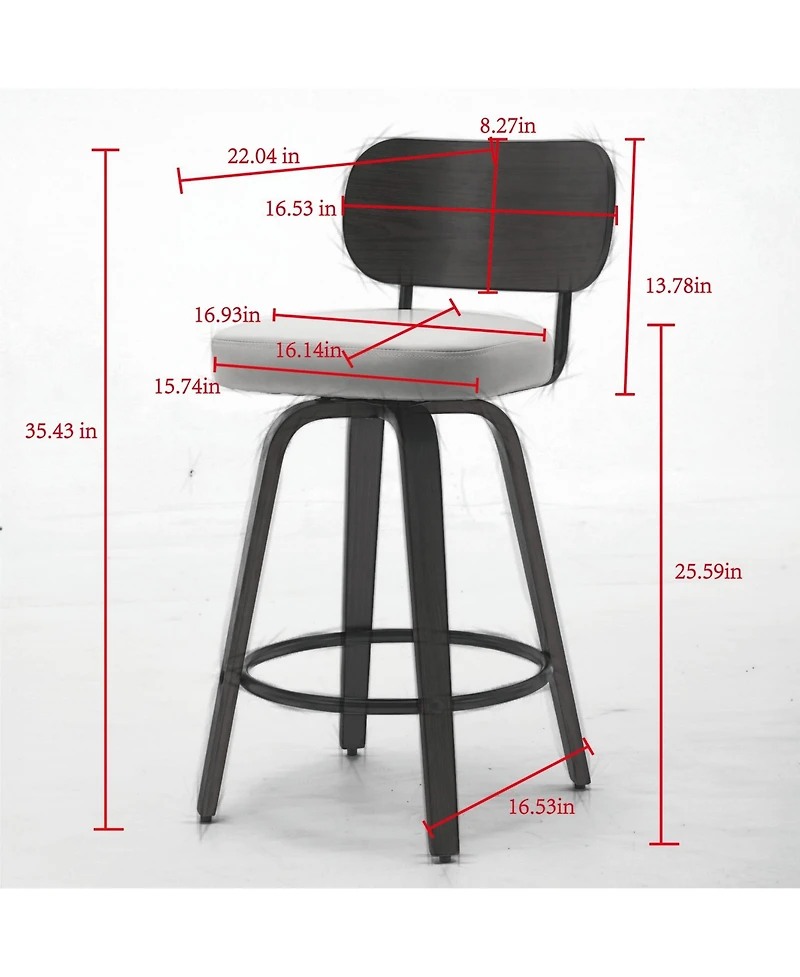 Clihome Swivel Bar Stools Set of 2, 26" Upholstered Faux Leather Counter Height Barstools with Walnut Back and Bentwood Legs,Counter
