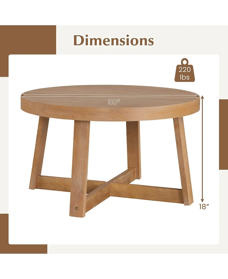 Gymax 30'' Round Coffee Table with Solid Wood Cross-Shaped Base.Farmhouse Accent Tea Table