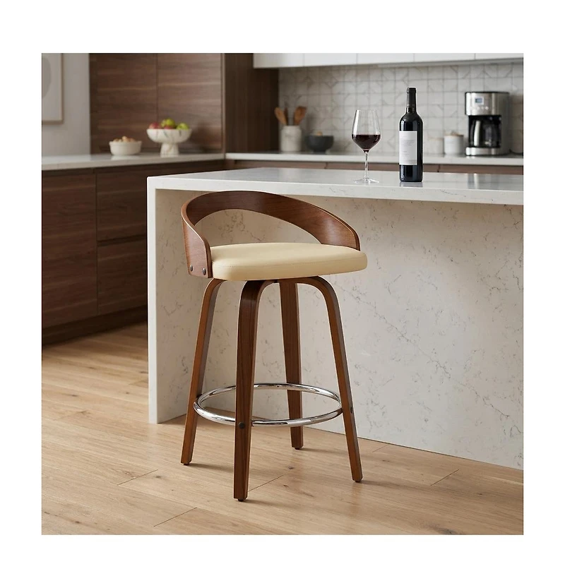 HomeRoots 26" Faux Leather and Solid Wood Low Back Counter Height Swivel Bar Chair
