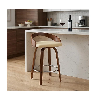 HomeRoots 26" Faux Leather and Solid Wood Low Back Counter Height Swivel Bar Chair