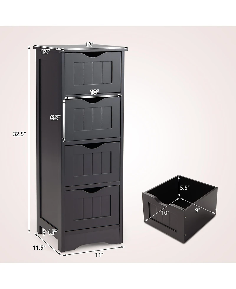 Gymax Bathroom Floor Cabinet Freestanding Narrow Side Storage Organizer w/ 4 Drawers