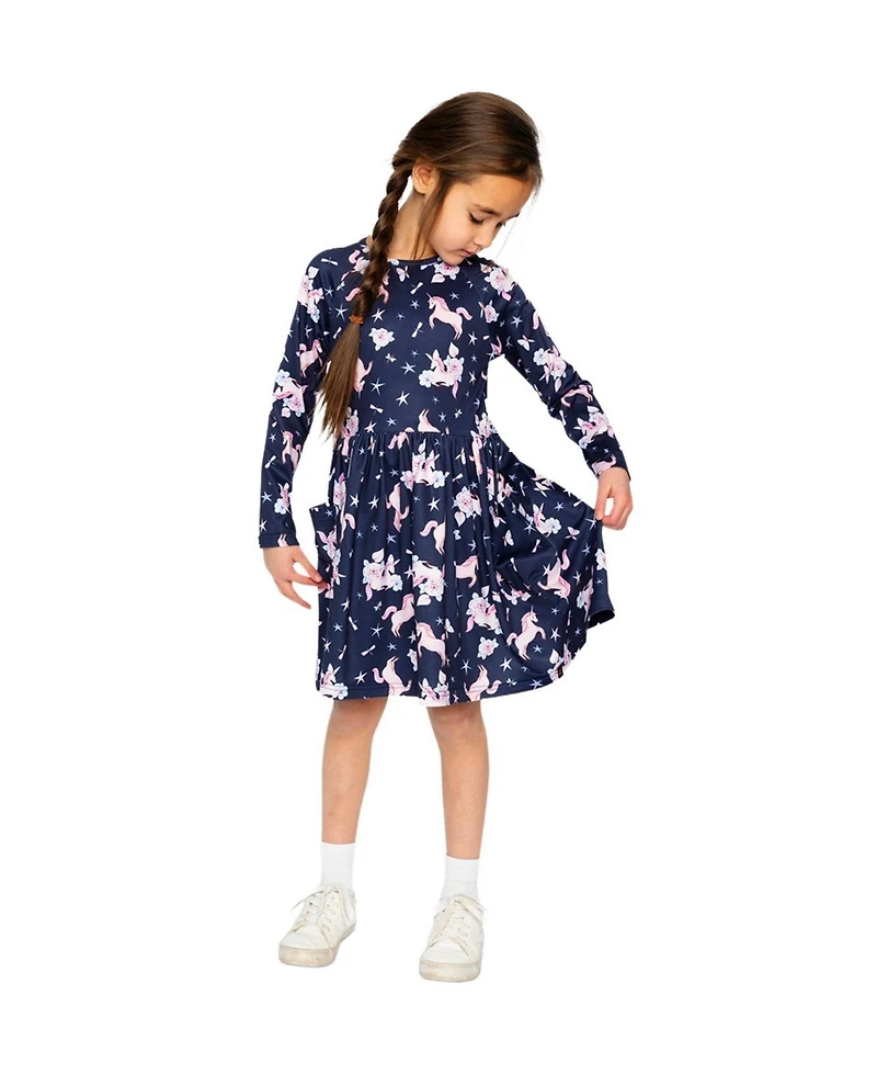 Deux par Deux Girls' (6-12) Long Sleeve Unicorn Print Dress