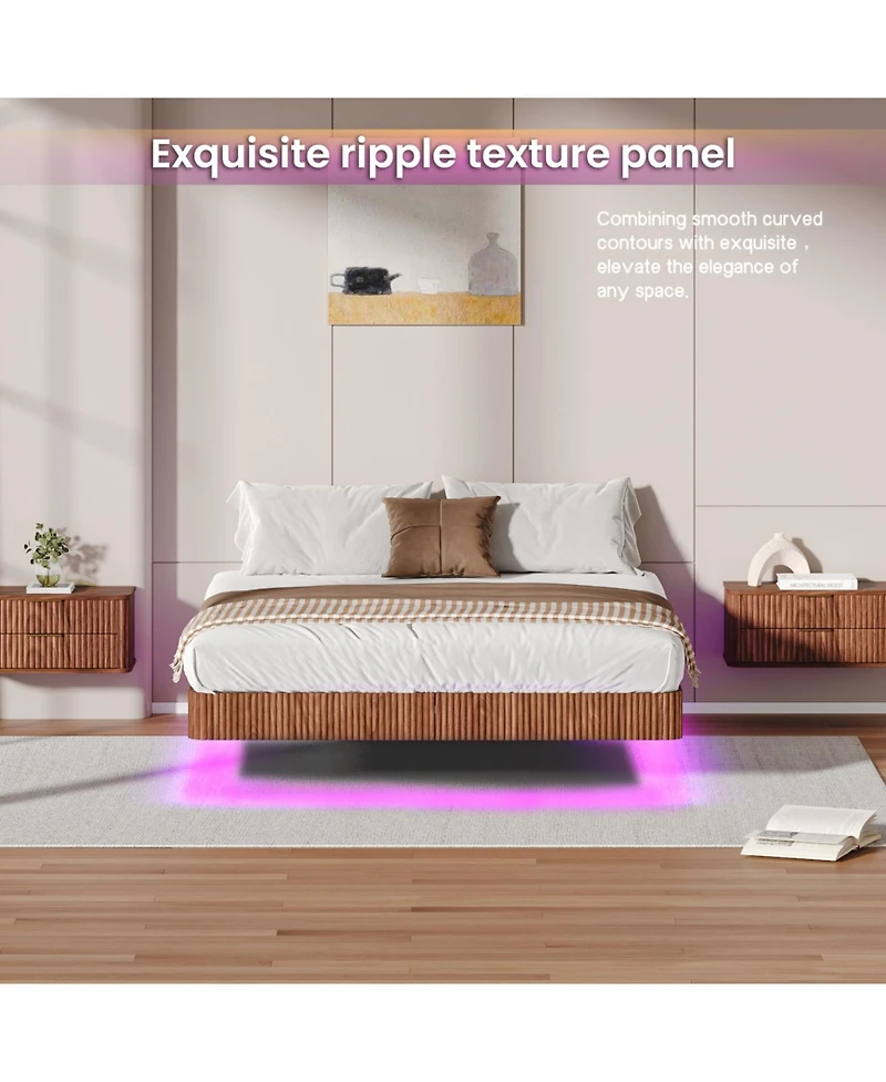 Rainsken Floating Bed Frame with Led Lights, Fluted Wave Curve Wood Frame, Heavy Duty Metal Slats - No Box Spring Needed