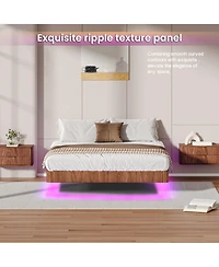 Rainsken Floating Bed Frame with Led Lights, Fluted Wave Curve Wood Frame, Heavy Duty Metal Slats - No Box Spring Needed