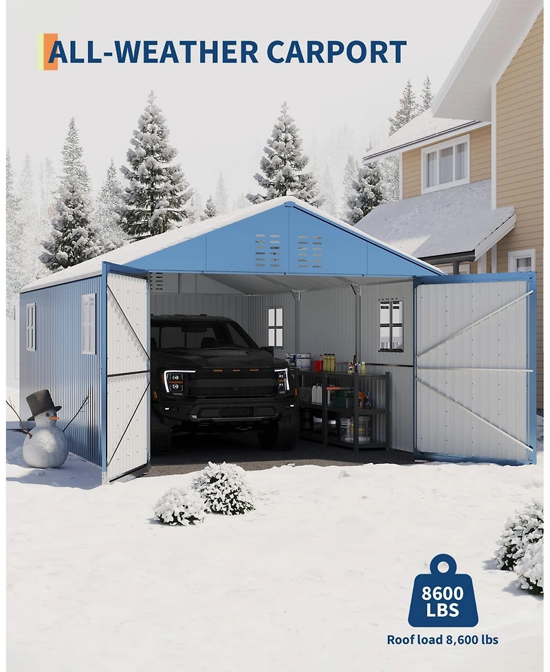 Homfan Fully Enclosed Iron Carport with Double Hinge Doors and 4 Skylight Windows, Heavy Duty Garage Shelter