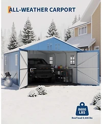 Homfan Fully Enclosed Iron Carport with Double Hinge Doors and 4 Skylight Windows, Heavy Duty Garage Shelter