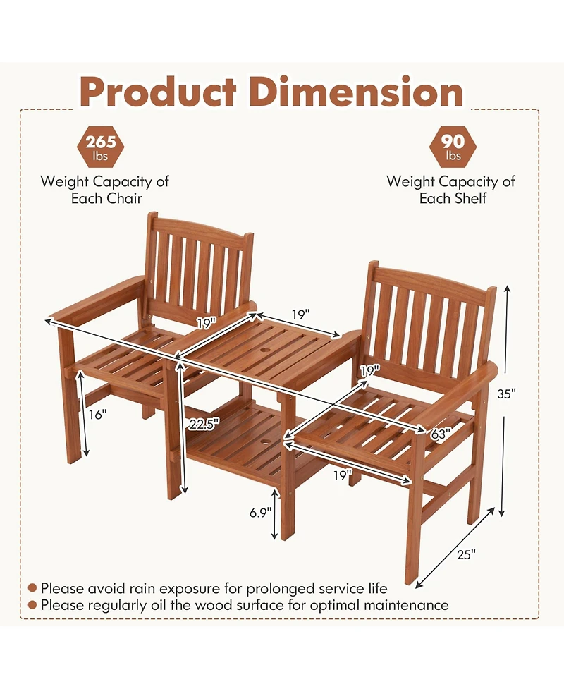 Gymax Outdoor Wood Bench Loveseat with Built-in Table 1.57'' Umbrella Hole for Porch