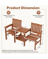 Gymax Outdoor Wood Bench Loveseat with Built-in Table 1.57'' Umbrella Hole for Porch