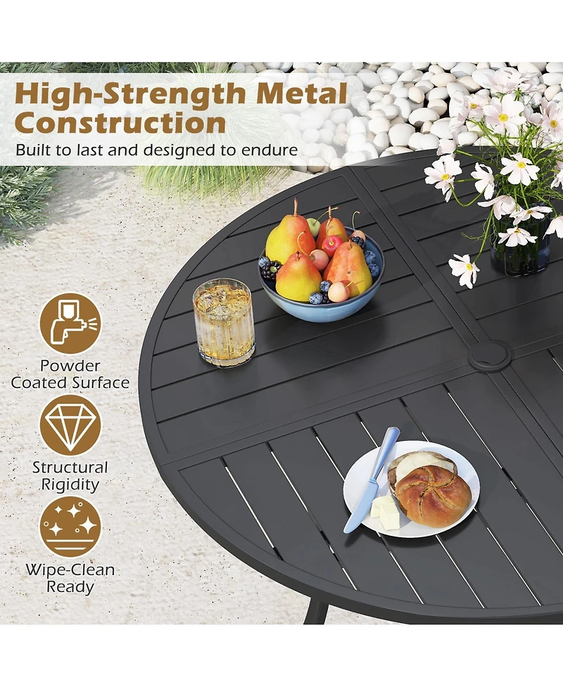 Gymax Patio Dining Table 42.5'' Round Metal Slat Table with Umbrella Hole Outdoor