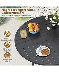 Gymax Patio Dining Table 42.5'' Round Metal Slat Table with Umbrella Hole Outdoor
