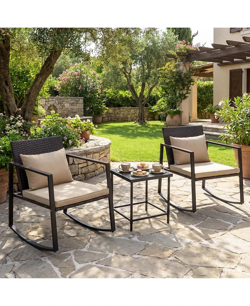 Gymax 3-Piece Outdoor Rocking Bistro Set Patio Rocking Chairs and Coffee Table Set
