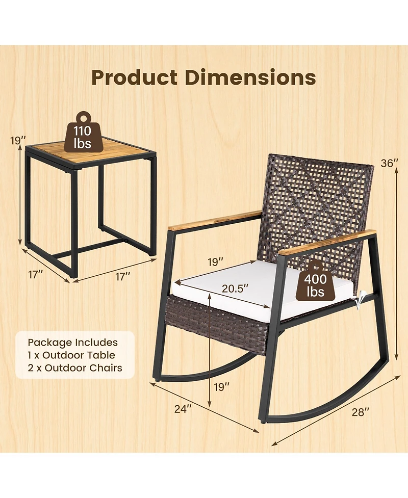 Gymax 3 Piece Outdoor Rocking Chair Set with Coffee Table Water-Resistant Cushions for Porch
