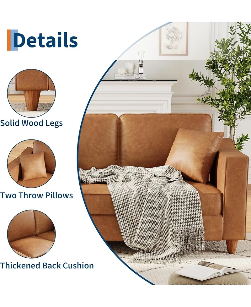 gaomon 85 Inches 3-Seater Sofa Couch with 2 Throw Pillows, Faux Leather Couch with Wide Armrests, Wood Legs, Deep Seats, Back Cushion