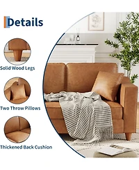gaomon 85 Inches 3-Seater Sofa Couch with 2 Throw Pillows, Faux Leather Couch with Wide Armrests, Wood Legs, Deep Seats, Back Cushion
