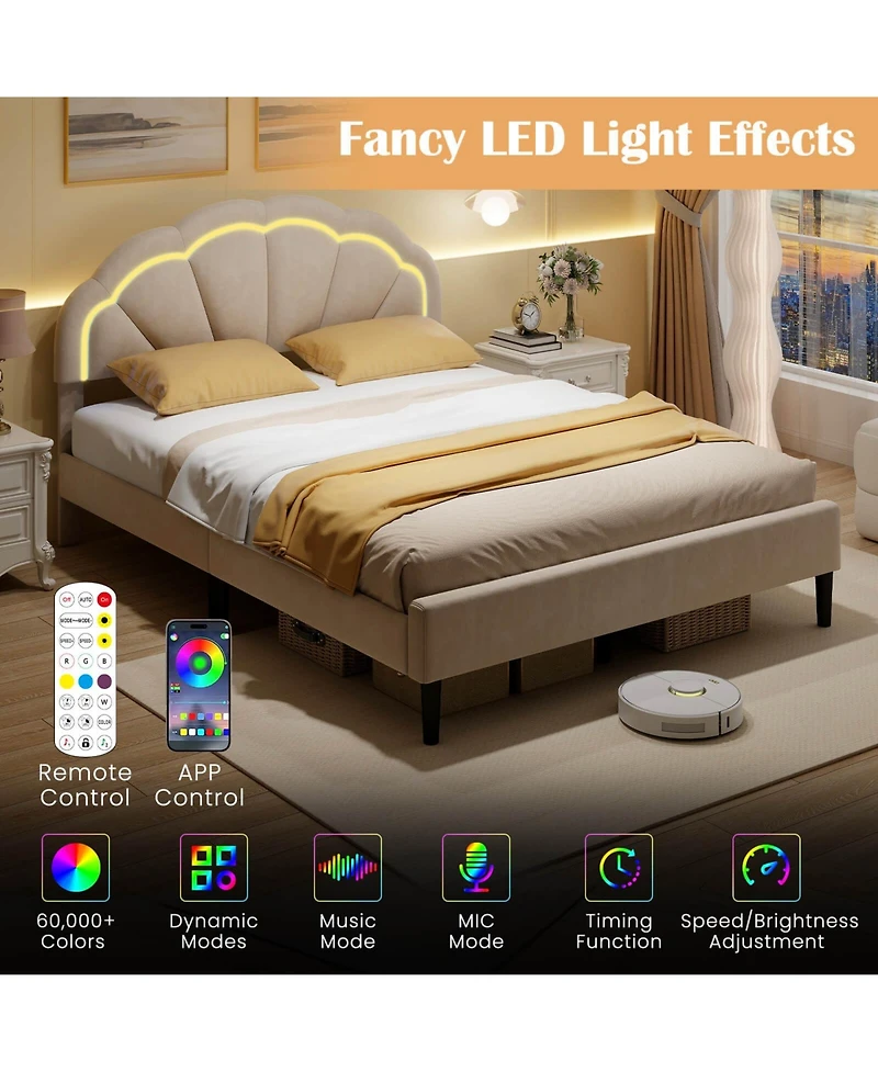 Costway Upholstered Led Bed Frame Soft Velvet Platform Bed with Flower Headboard