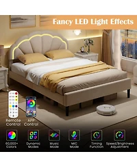 Costway Upholstered Led Bed Frame Soft Velvet Platform Bed with Flower Headboard