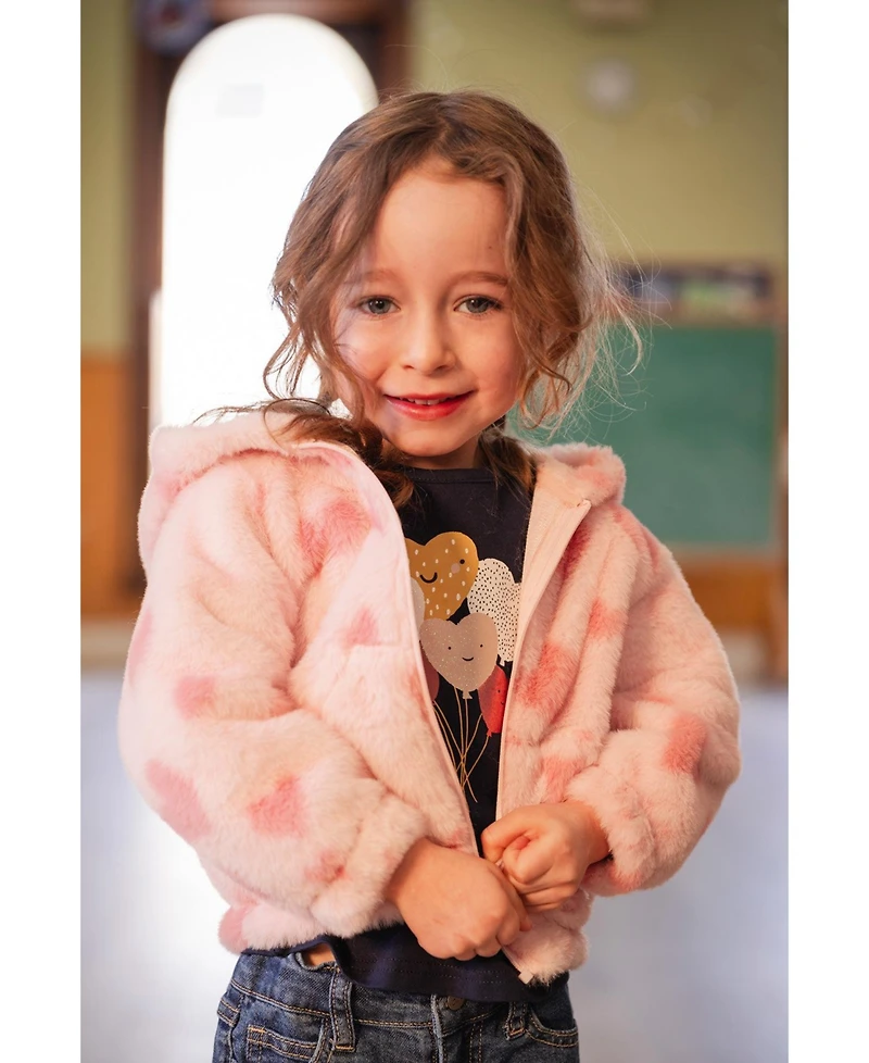 Deux par Toddler Girls 2T-5T Hooded Full Zip Faux Fur Jacket Printed with Hearts