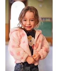 Deux par Toddler Girls 2T-5T Hooded Full Zip Faux Fur Jacket Printed with Hearts