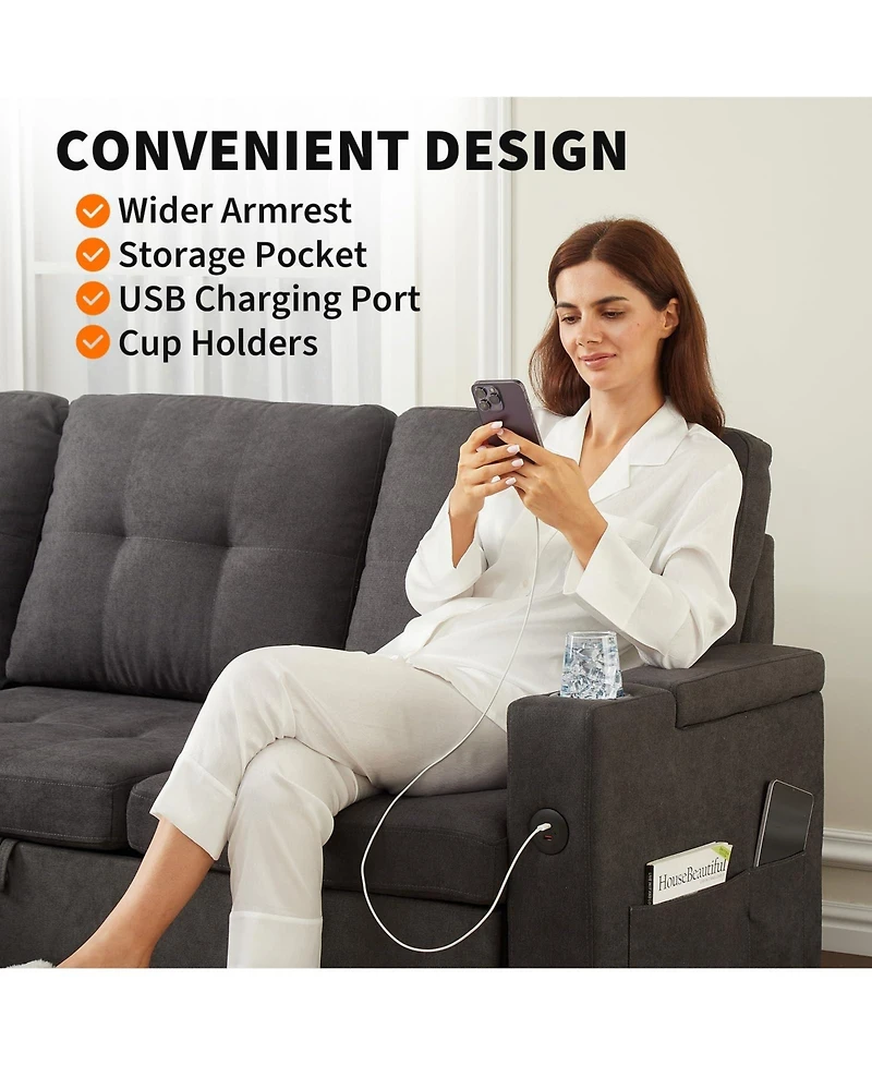 homfan Velvet Sectional Sofa Bed – Chaise Lounge Sleeper Couch with Usb Ports and Cup Holders for Living Room