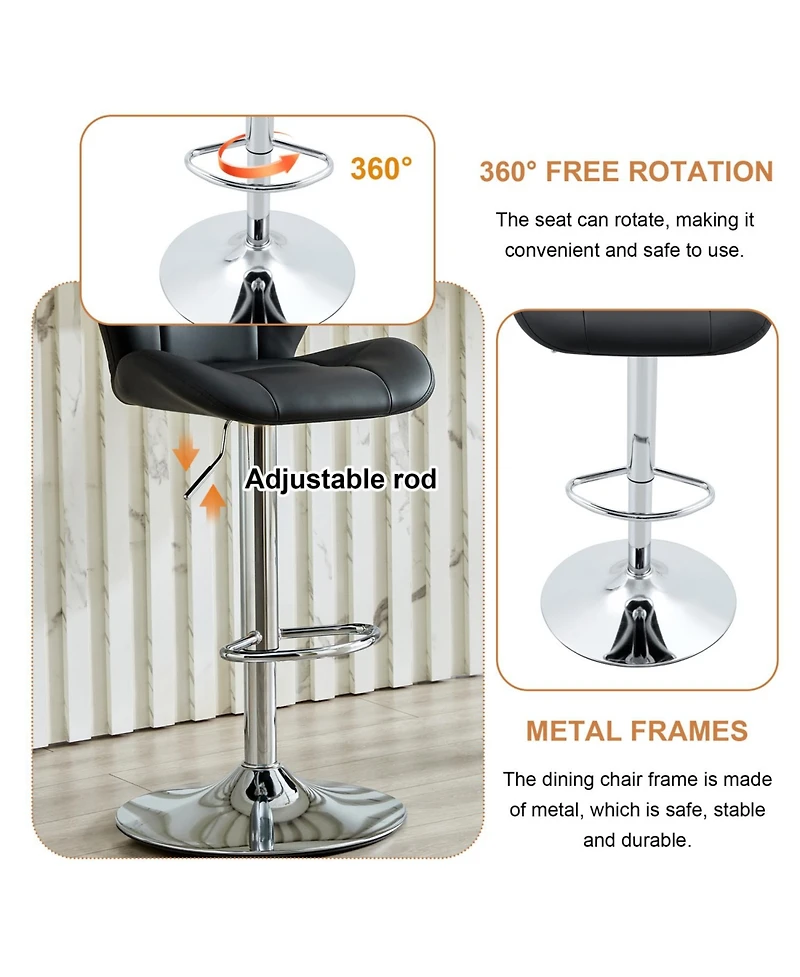 Rainsken Set of 2 Height Adjustable Bar Stools, with Chrome-Plated Metal Base, Pu Upholstered Tufted Backrest Chairs, for Bar Kitchen Dining Room