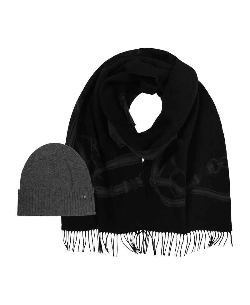 Lauren Ralph Equestrian Woven Scarf and Knit Beanie Set