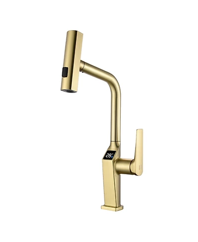 Midola Touchless Brushed Gold Kitchen Faucet with Led Display, Motion Sensor Sink Faucet with 3-Function Pull-Out Sprayer and 360degree