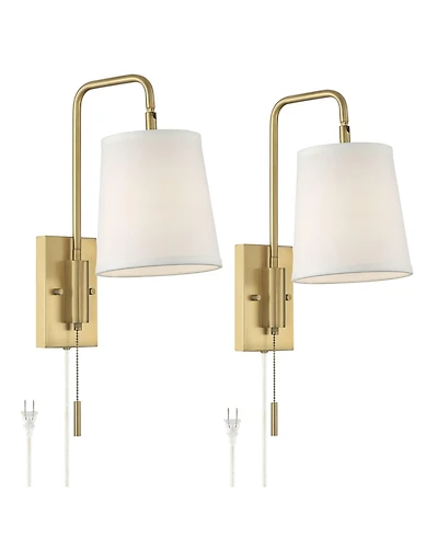 360 Lighting Luca Swing Arm Wall Lamps Set of 2 Warm Brass Metal Plug-in Light Fixture Fabric Shade for Bedroom Bedside Living Room Reading Home