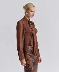 Avec Les Filles Women's Long Puff-Sleeve Scarf Neck Top