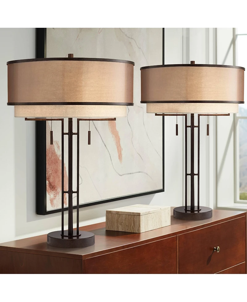 Franklin Iron Works Andes 27 1/2" Tall Industrial Table Lamps Set of 2 Pull Chain Oil Rubbed Bronze Metal Double Shade