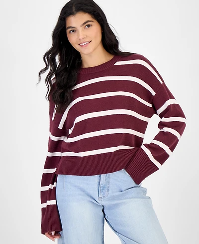 Hippie Rose Juniors' Striped Drop-Shoulder Crewneck Pullover Sweater