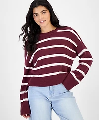 Hippie Rose Juniors' Striped Drop-Shoulder Crewneck Pullover Sweater