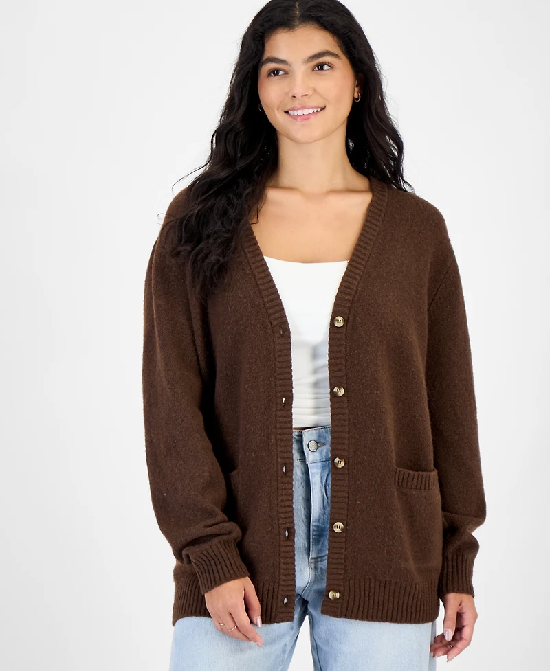 Hippie Rose Juniors' V-Neck Boyfriend Button-Front Cardigan
