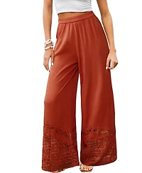 Cupshe Women's Rust Elastic Waist Lace Trim Wide Leg Pants