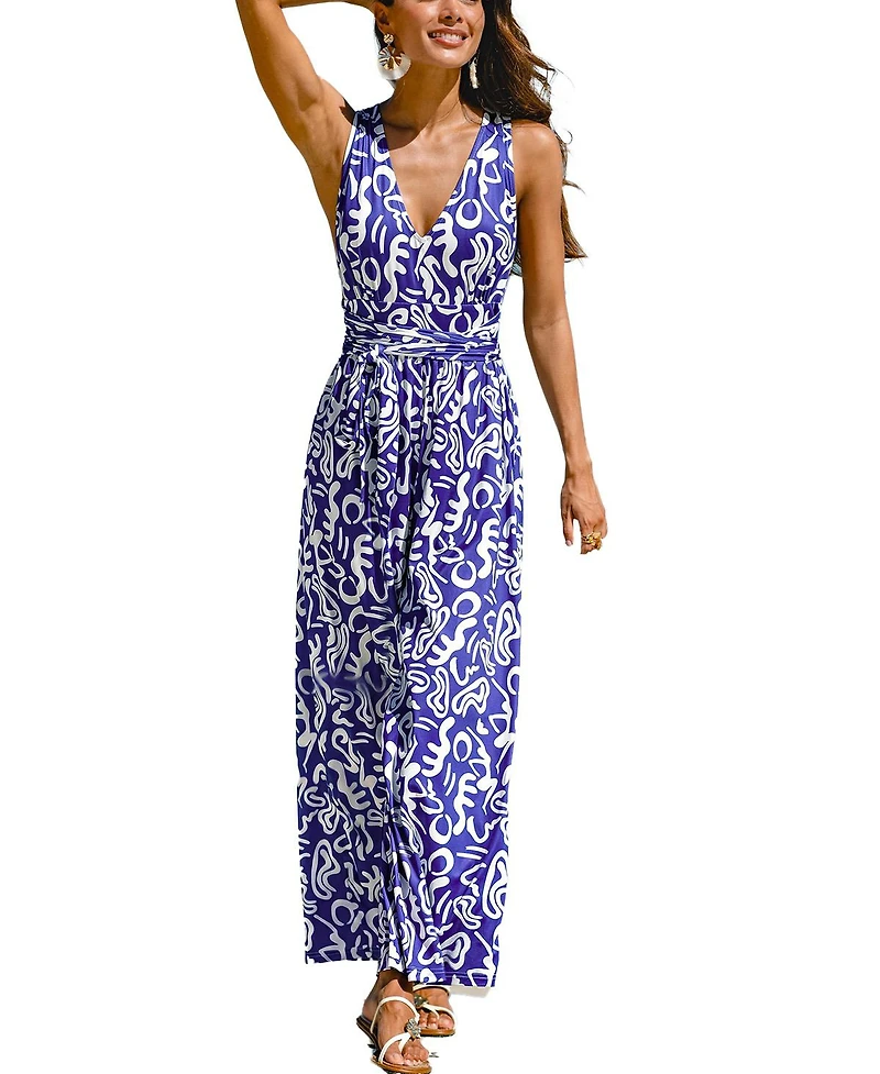 Cupshe Women's Abstract Print Sleeveless V-Neck Tie Waist Wide Leg Jumpsuit