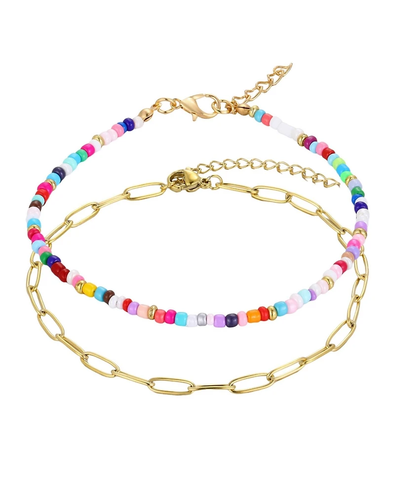 Adornia Tarnish Resistant Gold Paperclip and Color Bead Anklet Set
