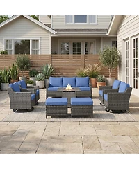 Pocassy 8 Piece Outdoor Furniture Set with Fire Pit Table, Wicker Conversation Set with Cushions and Swivel Glide, All Weather Patio Furniture Set