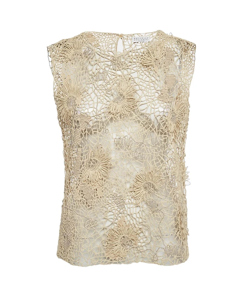 Pre-Owned Brunello Cucinelli Women's Lace Floral Applique Sheer Top