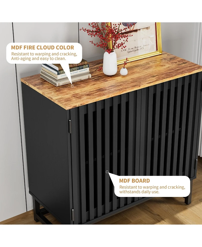 Clihome Modern Storage Cabinet with Slatted Grille Striped Door, Mdf Dresser Sideboard with Metal Legs