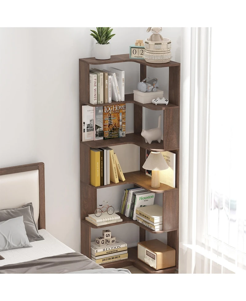 Clihome 6 Tier Freestanding L-Shaped Corner Bookshelf, Wooden Bookcase Display Shelf Open storage rack Organizer